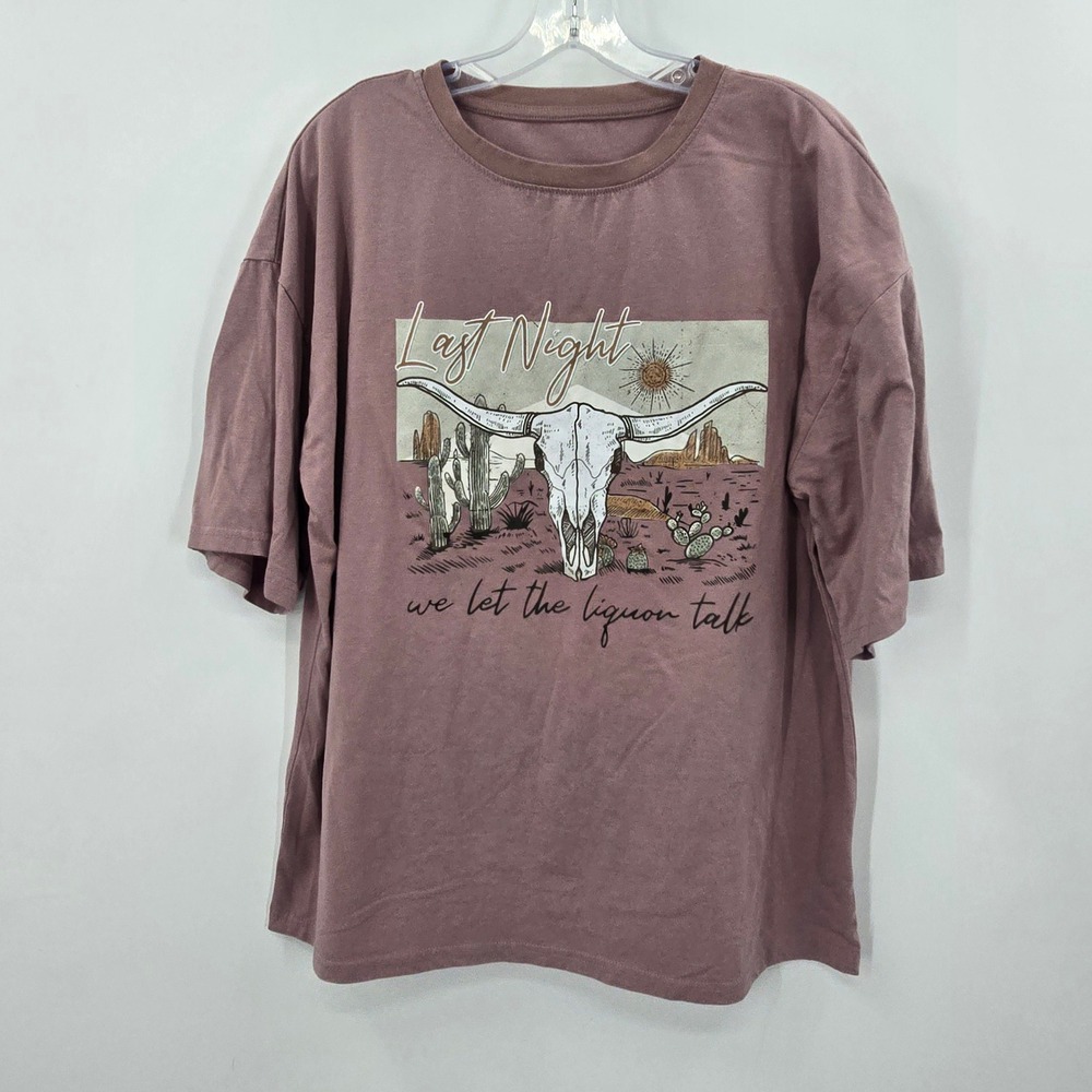 SHEIN Womens Last Night Liquor Talk Longhorn Skull‎ Graphic Tee Mauve Medium
